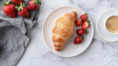 Delight in a beautifully arranged scene featuring a freshly baked croissant, juicy strawberries, and a cup of coffee on a marble surface.の素材