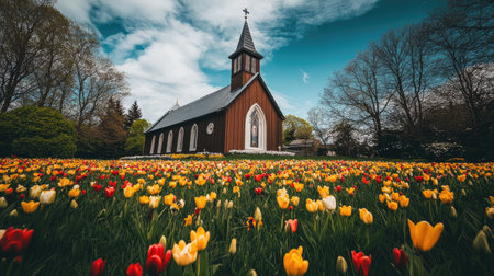 A picturesque red church stands amid blooming tulip fields, showcasing vibrant colors against a stunning blue sky and fluffy clouds, perfect for spring scenery.の素材