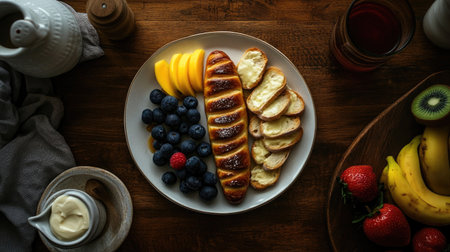 A beautifully arranged breakfast plate showcasing grilled bread, succulent fruits like blueberries and mango, complemented by creamy topping, perfect for a wholesome morning meal.の素材