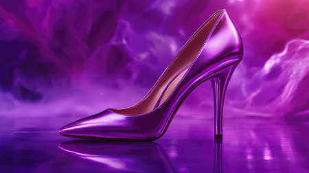 A stunning purple high-heel shoe showcased against a vibrant abstract background, highlighting its elegant design and glossy finish, perfect for fashion enthusiasts.の素材
