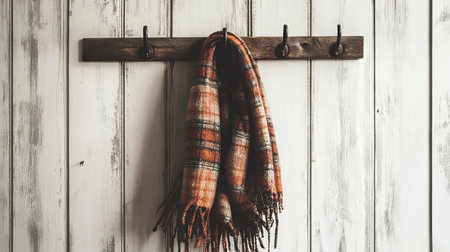 A stylish plaid scarf gracefully hangs from a rustic wooden hook, adding a touch of warmth and charm to any indoor space with its inviting texture.の素材