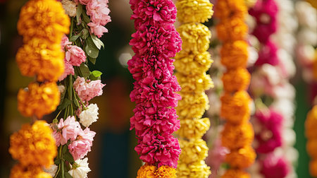 A vibrant display of colorful floral garlands in shades of yellow, pink, and orange, perfect for festive decorations and celebrations. These beautiful arrangements create a joyful atmosphere for any occasion.の素材