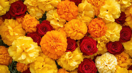 A stunning close-up of a vibrant arrangement featuring bright yellow marigolds and deep red roses, perfect for festive celebrations and decorations.の素材