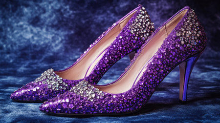 These stunning purple high heels adorned with rhinestones create a captivating look. Perfect for evening events, parties, and stylish occasions, they shine with elegance and flair.の素材