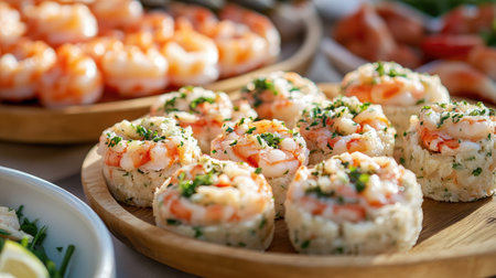 A tempting arrangement of shrimp sushi rolls displayed on a natural wooden platter, surrounded by vibrant garnishes and other seafood delights.の素材