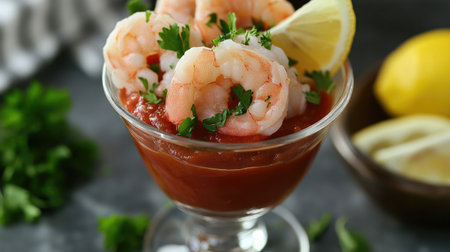 A beautifully arranged shrimp cocktail featuring fresh shrimp atop a rich sauce, garnished with parsley and lemon, perfect for elegant dining.の素材