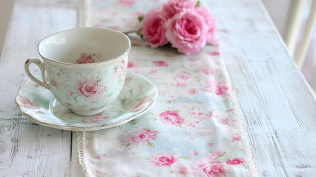 A vintage teacup with a floral design rests on a rustic table, accompanied by delicate pink roses, creating a warm and inviting atmosphere for tea time.の素材