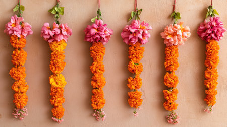 This stunning floral garland features vibrant orange marigolds and enchanting pink blooms, perfect for celebrations and decorations. The colorful arrangement brings a lively touch to any space.の素材