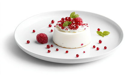 A beautifully arranged creamy dessert featuring fresh raspberries, red currants, and mint leaves, ideal for gourmet food photography and culinary use.の素材