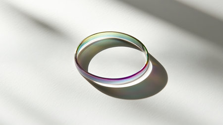 A delicate rainbow-tinted glass bangle rests on a soft surface, casting gentle shadows and soft reflections in warm sunlight, perfect for artistic displays.の素材