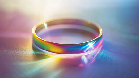 This image showcases a shiny band with vibrant rainbow hues reflecting on a soft surface, embodying elegance and beauty in jewelry design.の素材