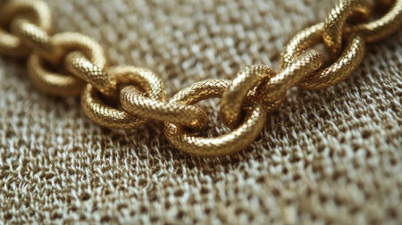 This close-up image showcases a stylish gold chain link against a textured textile background, emphasizing luxury and elegance. Perfect for fashion-related themes.の素材