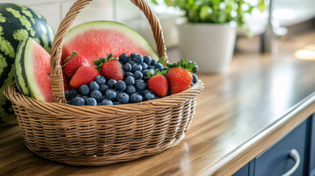 A beautifully arranged basket filled with fresh blueberries and strawberries, paired with vibrant watermelon slices, set on a rustic wooden table.の素材