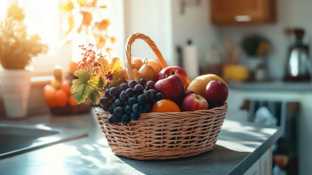 A beautiful woven basket filled with an assortment of fresh fruits, including apples, grapes, and oranges, set on a kitchen countertop, illuminated by soft sunlight.の素材