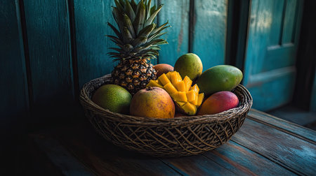 A beautiful arrangement of tropical fruits, including pineapple and mango, sits in a woven basket on a rustic wooden table, showcasing natural colors and textures.の素材