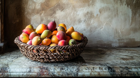 A vibrant arrangement of fresh apples and pears fills a woven basket on a rustic countertop, showcasing the beauty of natural produce. Perfect for culinary themes.の素材