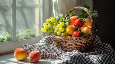 A beautiful arrangement of assorted fresh fruits in a woven basket on a sunlit windowsill, complemented by a soft checkered cloth. Perfect for culinary inspiration.の素材