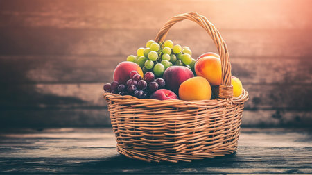 A beautifully arranged woven basket filled with a variety of fresh organic fruits, including grapes, apples, and peaches, capturing natural light beautifully.の素材