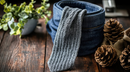 A cozy and stylish arrangement featuring denim fabric with a knit tie, complemented by natural elements like pine cones and greenery, creating an inviting atmosphere.の素材
