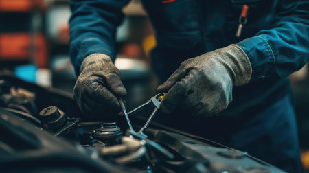 A close-up image capturing a mechanic's hands clad in gloves, skillfully working with tools on an engine in a well-equipped automotive repair shop.の素材