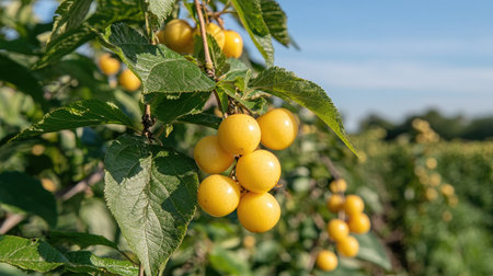 Close-up view of ripe yellow berries hanging on green branches in a sunny field. The vibrant colors create a vivid and appealing image of natureの素材