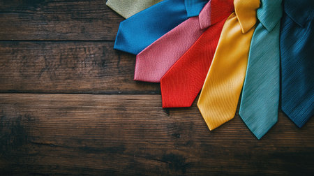 A vibrant collection of ties in various colors arranged neatly on a rustic wooden surface. Ideal for themes related to fashion, business attire, and styling tips.の素材