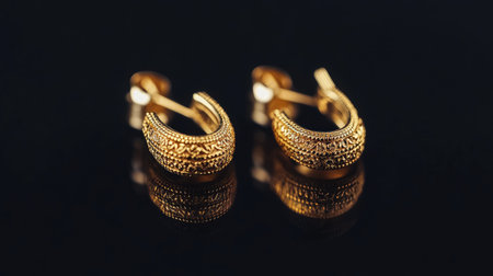 Discover the beauty of these elegant gold earrings featuring intricate patterns. Perfect for enhancing any outfit, they offer a blend of luxury and style.の素材