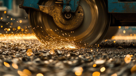 A close-up view of a grinding wheel creating bright sparks against an asphalt surface, capturing the energy and intensity of industrial work in motion.の素材