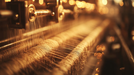 This close-up image showcases intricate textile machinery working with threads, illuminated in warm golden tones, capturing the essence of industrial craftsmanship.の素材