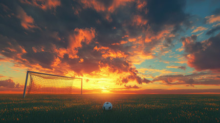 A captivating sunset casts vibrant colors over a serene soccer field, featuring a lone ball in front of a goalpost, creating a tranquil sports atmosphere.の素材