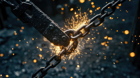 A dramatic close-up image showcasing a chain breaking apart, surrounded by flying sparks, set in a dark industrial environment, highlighting power and tension.の素材
