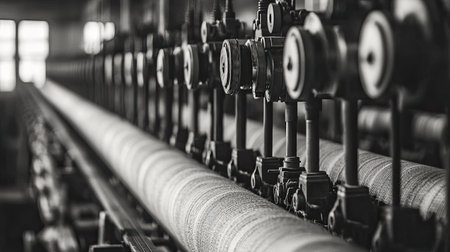 This black and white image captures the intricate details of vintage textile machinery in a factory setting, showcasing the blend of craftsmanship and industry.の素材