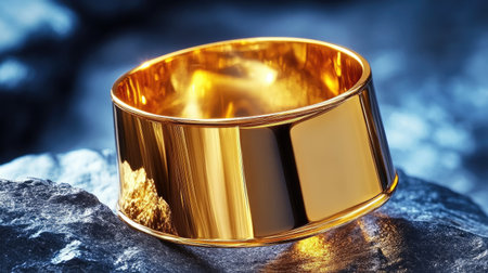 A striking gold ring placed on a dark stone surface, capturing light beautifully. This image showcases the ring's smooth finish and elegance, perfect for jewelry promotion.の素材