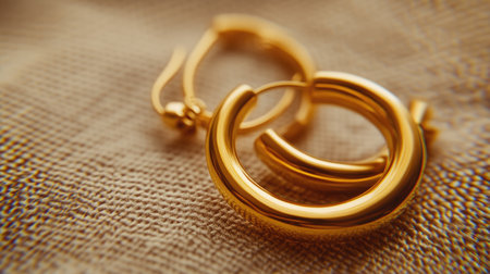 Close-up of elegant gold hoop earrings resting on a textured fabric background. This captivating image highlights the intricate design and luxurious appeal of the jewelry, perfect for fashion-themed projects.の素材
