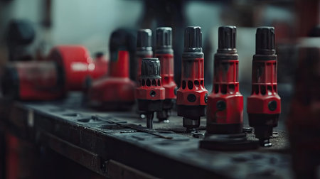 A close-up view of various red power tools arranged neatly on a workbench, showcasing the industrial atmosphere of a workshop focused on maintenance and repairs.の素材
