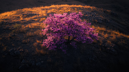A stunning scene of a vibrant pink blooming tree perched on a rocky hill, surrounded by golden grass at sunset, creating a serene outdoor landscape.の素材