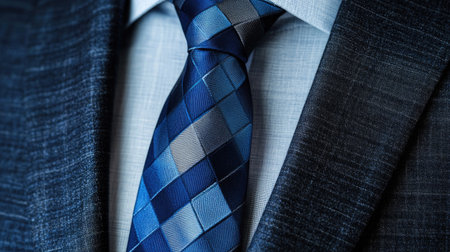 A detailed close-up image showcasing a stylish blue tie paired with a formal suit, highlighting texture and elegance, ideal for business and fashion themes.の素材