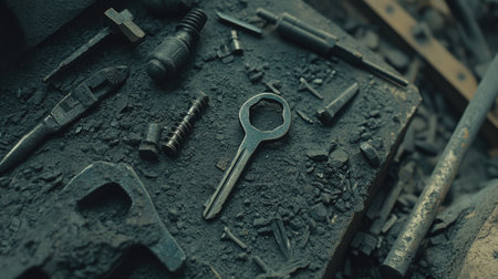 This image showcases a variety of old industrial tools and fasteners scattered on a dusty workshop surface, illustrating the essence of craftsmanship and repair.の素材