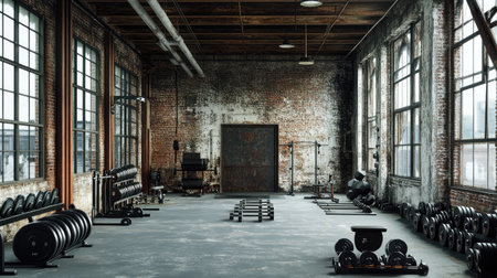 An industrial-style gym interior features exposed brick walls, large windows, and a variety of weights, creating an inviting space for workouts.の素材