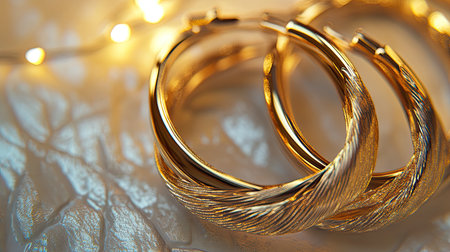 Captivating image of stylish gold hoop earrings resting on a shimmering background, illuminated by soft warm lights, perfect for showcasing fashion luxury.の素材