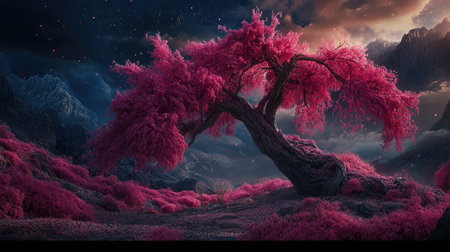 A breathtaking landscape showcases a vibrant pink tree amidst a mystical setting under a starry night sky, creating a tranquil and enchanting atmosphere.の素材