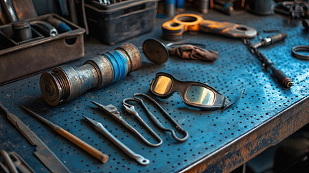 Detailed arrangement of vintage workshop tools including goggles and various equipment on a rustic blue workbench, showcasing craftsmanship and utility.の素材