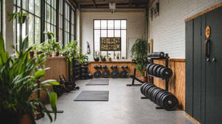 This image depicts a modern fitness studio featuring gym equipment and exercise mats, surrounded by lush plants and ample natural light. Ideal for wellness and workout themes.の素材