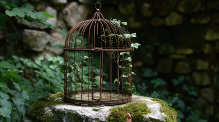 A vintage birdcage, gently embraced by climbing vines, sits atop a mossy stone in a quiet forest. This serene outdoor scene captures the beauty of nature reclaiming man-made objects.の素材