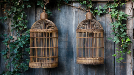 Two vintage birdcages hang from a rustic wooden wall, adorned with lush green ivy. This serene image captures the essence of nature and charm, perfect for home decor.の素材
