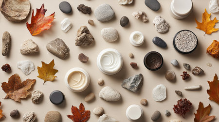 A visually appealing flat lay composition featuring a variety of natural stones, leaves, and skincare products, emphasizing beauty and nature.の素材