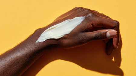 A close-up image of a hand applying moisturizing cream on smooth skin, showcasing a bright yellow background that enhances the skincare process.の素材