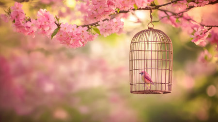 A charming scene featuring a delicate birdcage housing a pink bird, nestled among soft cherry blossom trees. The serene atmosphere captures the essence of spring and beauty in nature.の素材