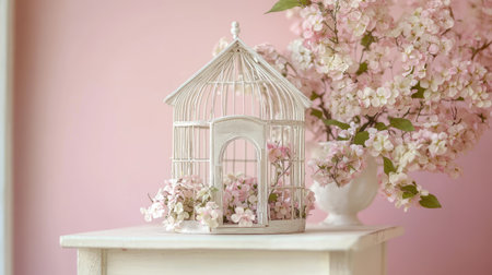 A serene image featuring a charming vintage birdcage filled with delicate pink flowers, creating a peaceful atmosphere in an elegant indoor setting.の素材