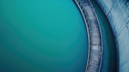 This stunning aerial shot captures a curved concrete pathway forming a gentle arc over a calm and vibrant turquoise water surface, creating a serene atmosphere.の素材